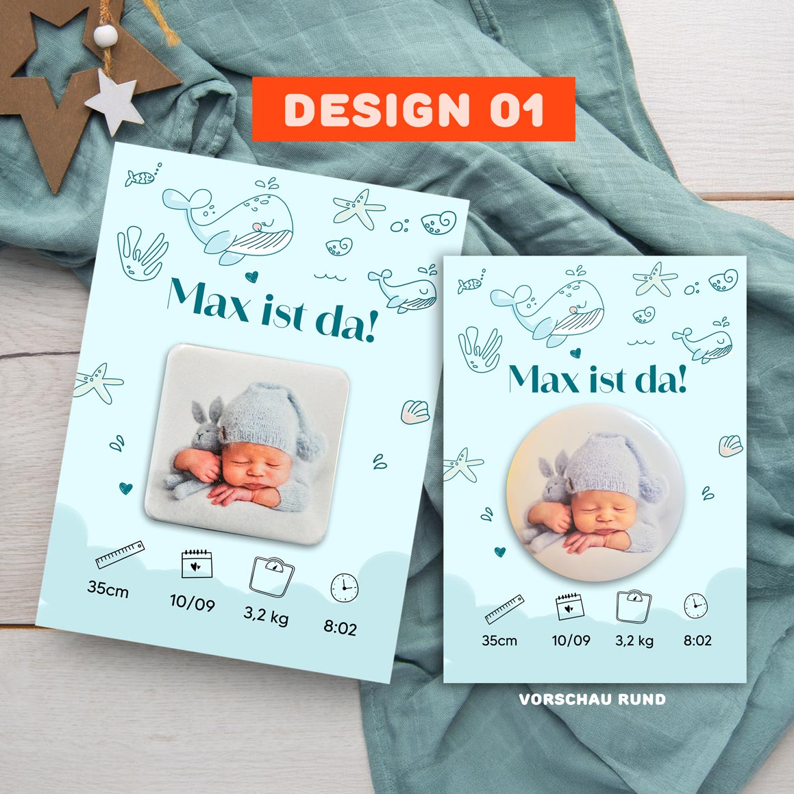 Geburtsanzeige mit Magnet für Jungen