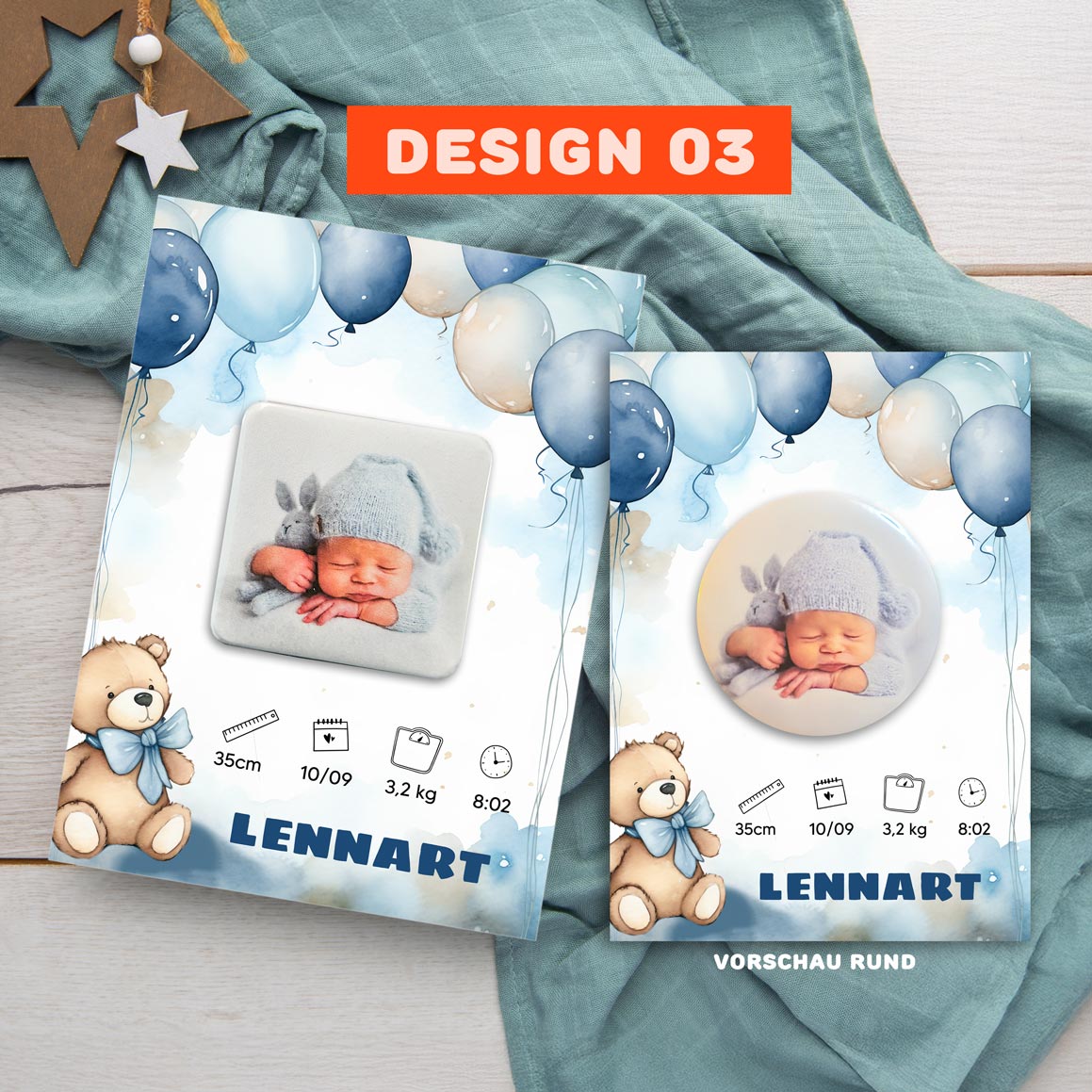 Geburtsanzeige mit Magnet für Jungen