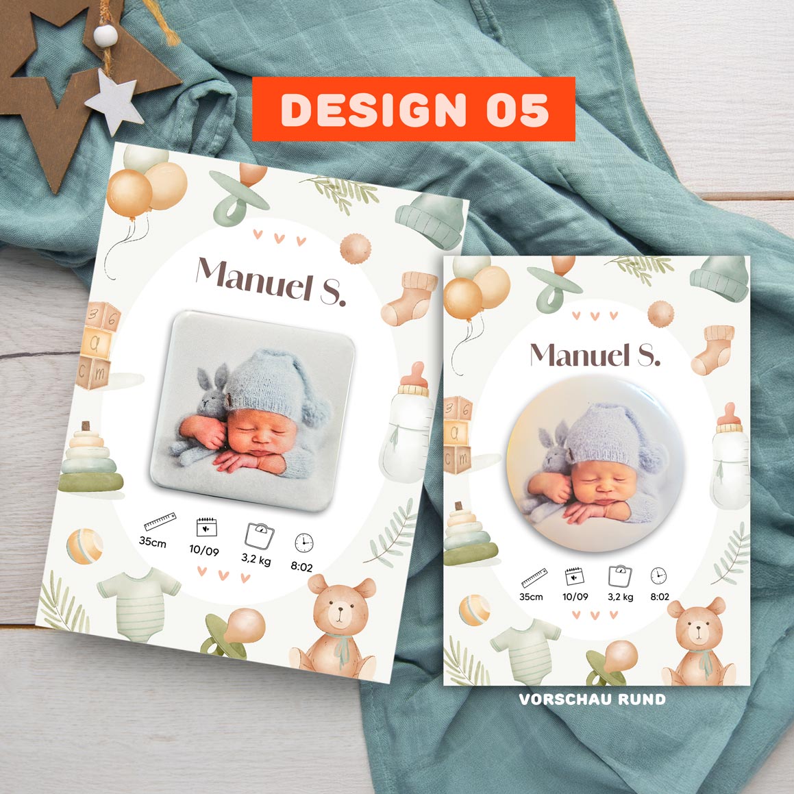 Geburtsanzeige mit Magnet für Jungen