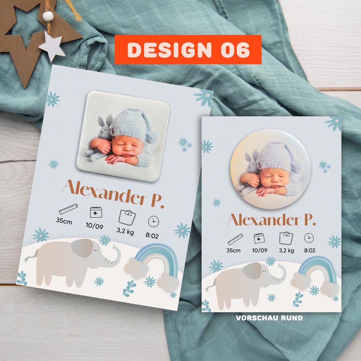 Geburtsanzeige mit Magnet für Jungen