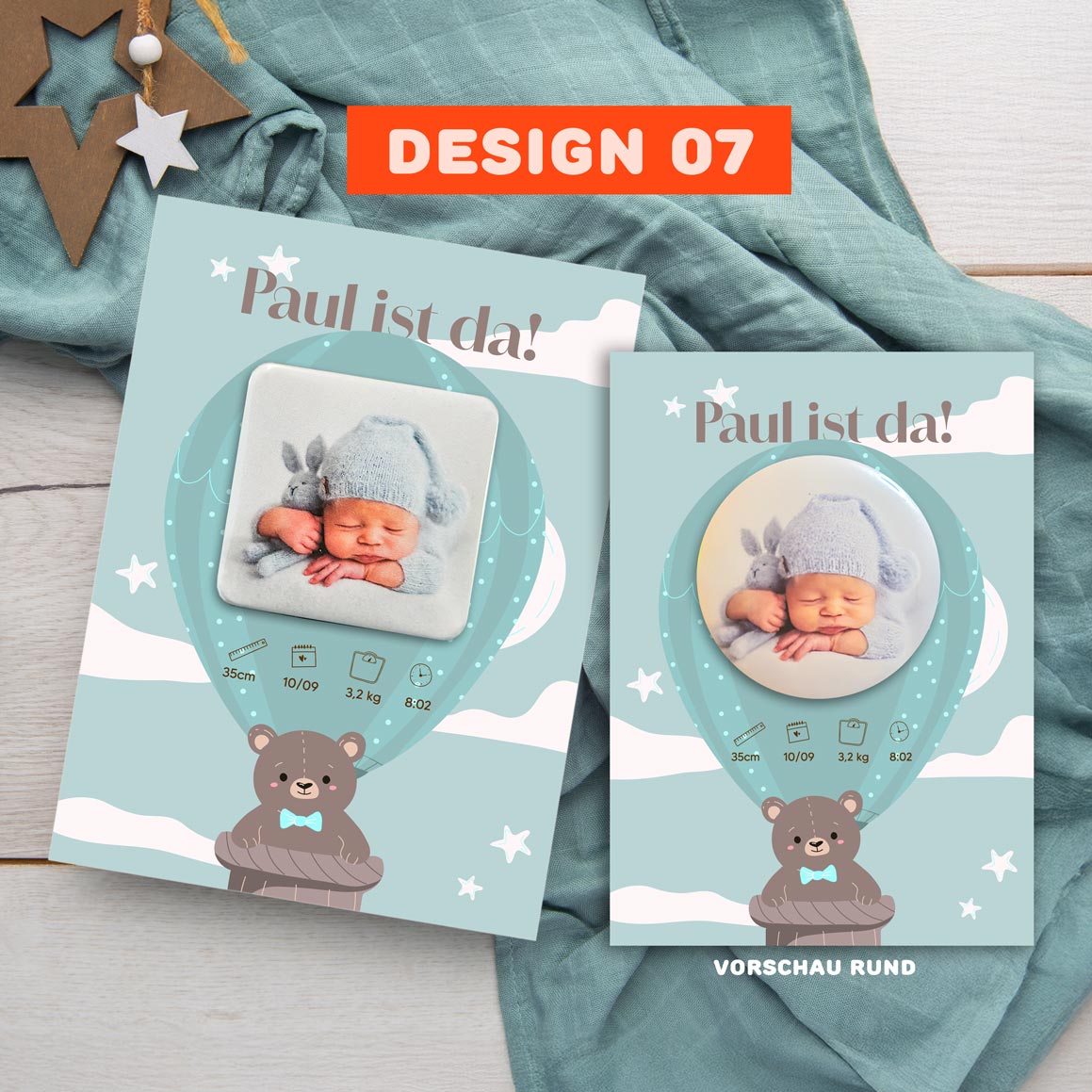 Geburtsanzeige mit Magnet für Jungen