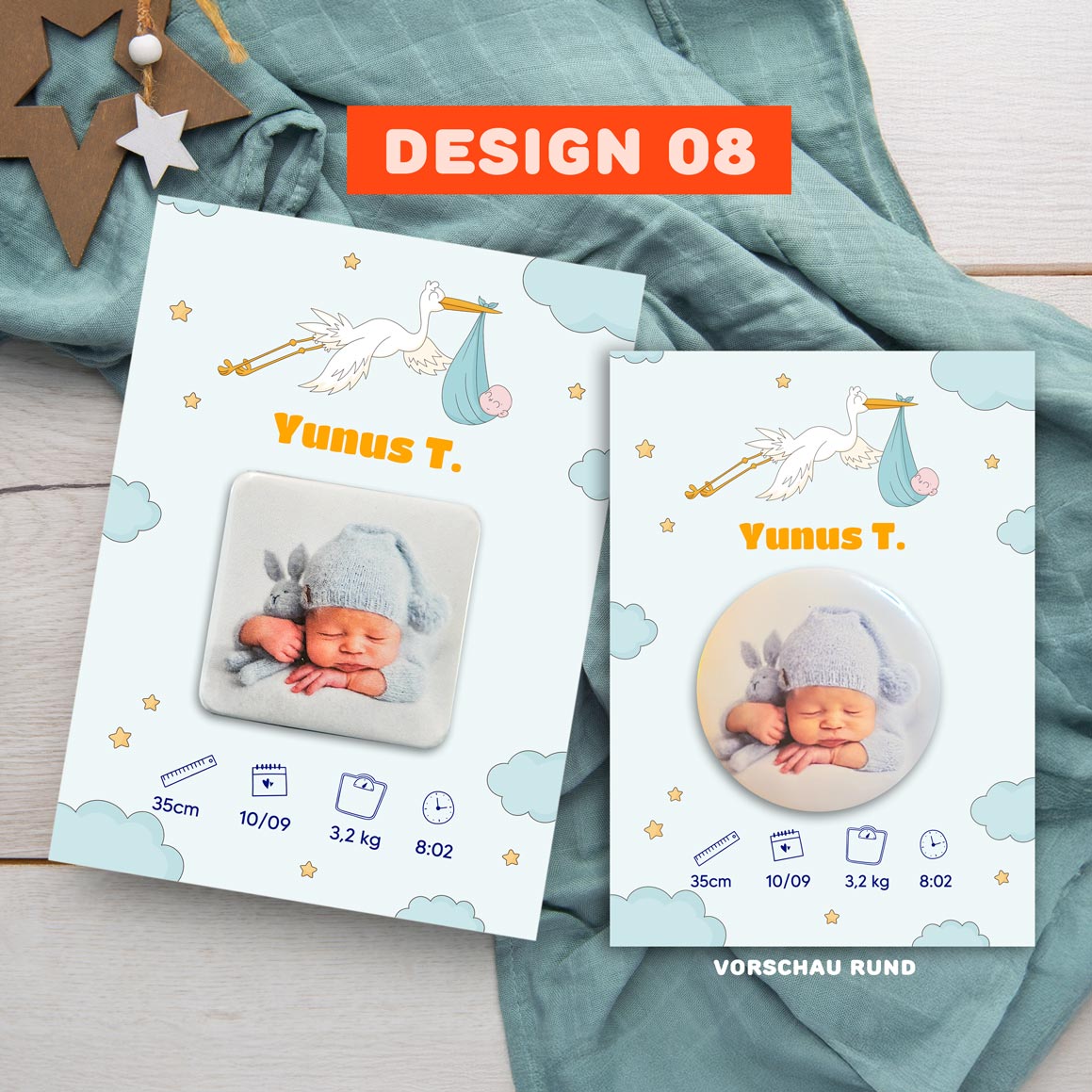 Geburtsanzeige mit Magnet für Jungen