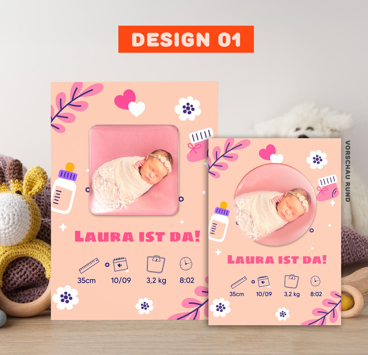 Geburtsanzeige mit Magnet für Mädchen