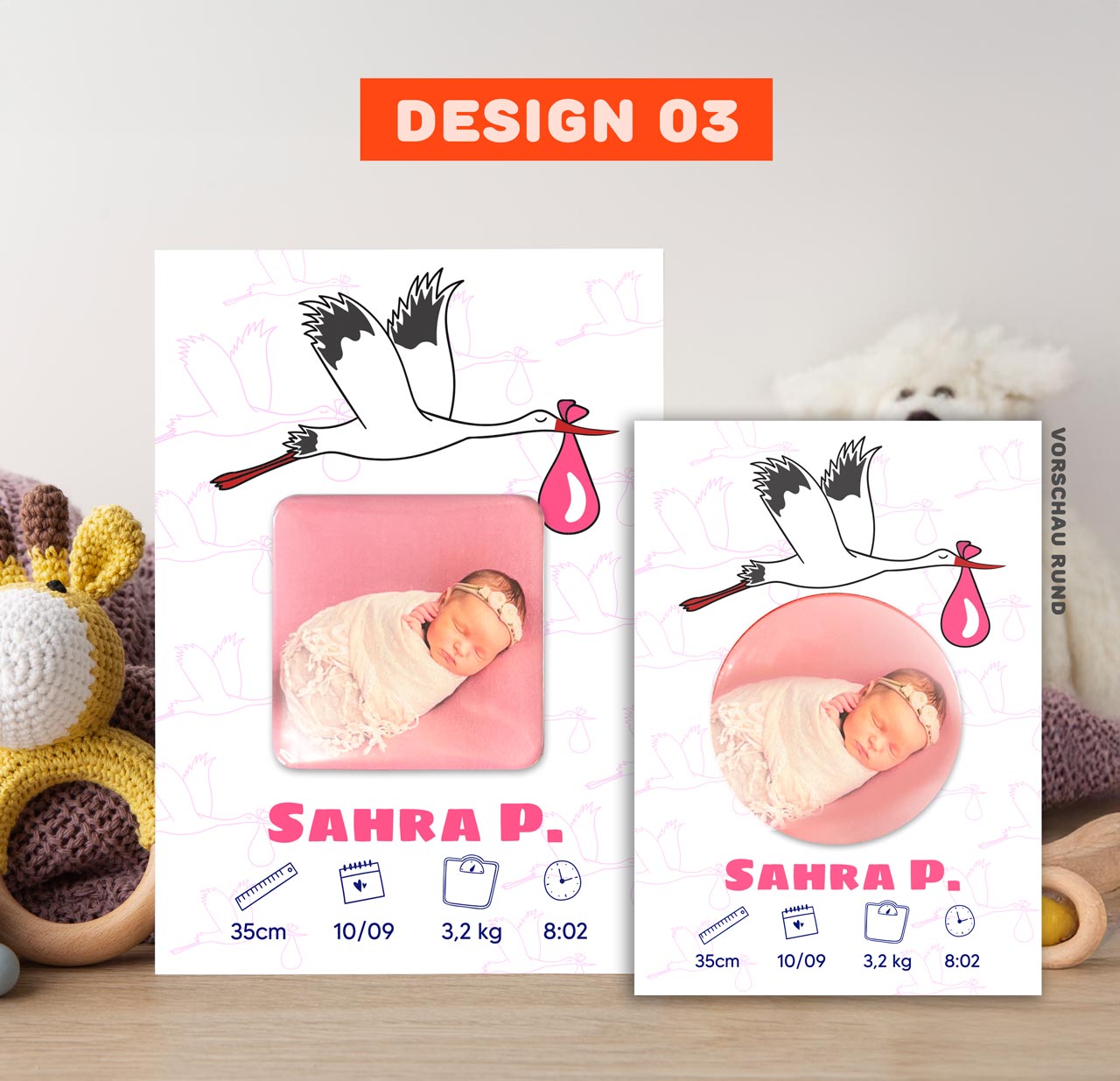 Geburtsanzeige mit Magnet für Mädchen