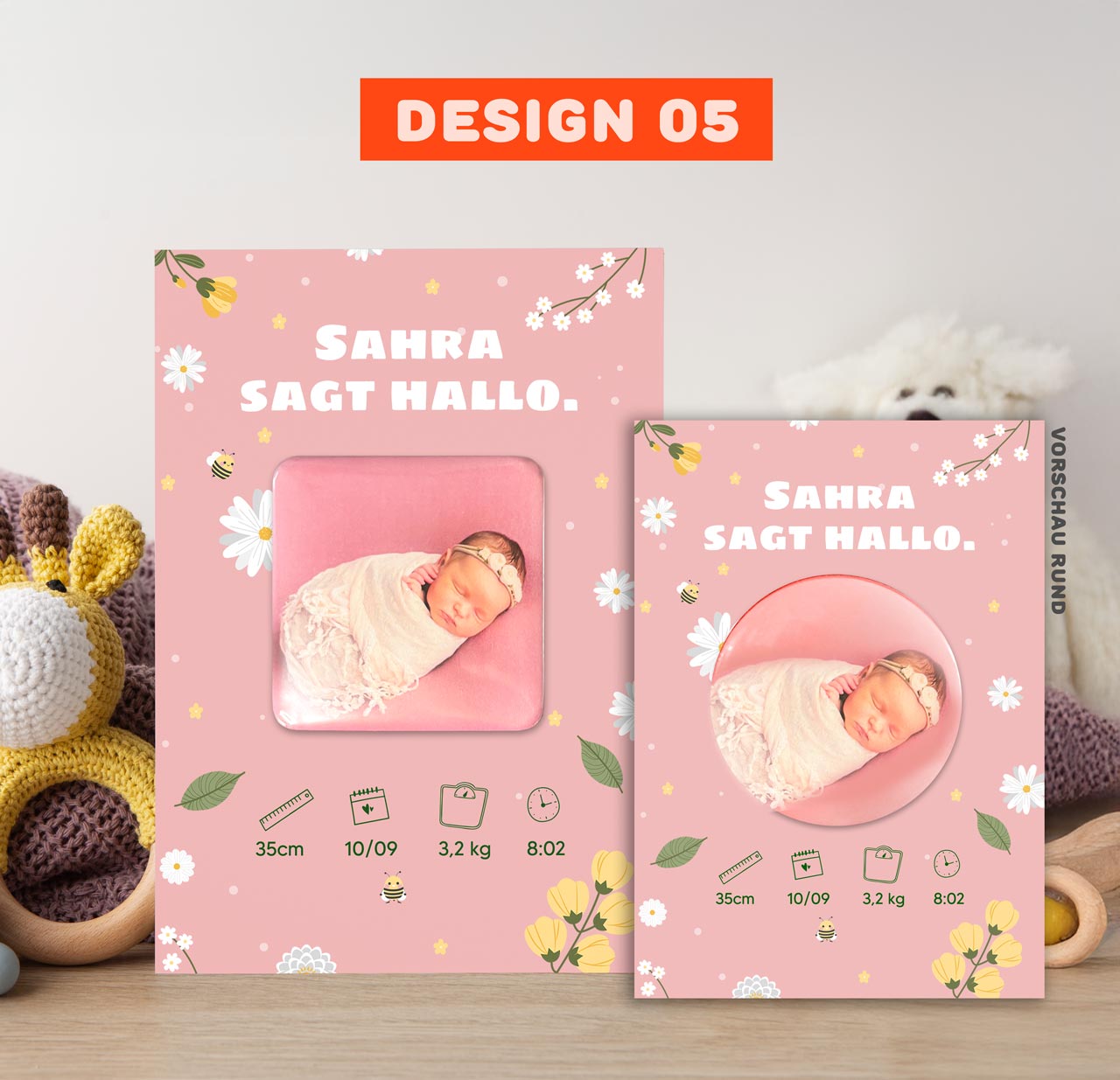 Geburtsanzeige mit Magnet für Mädchen