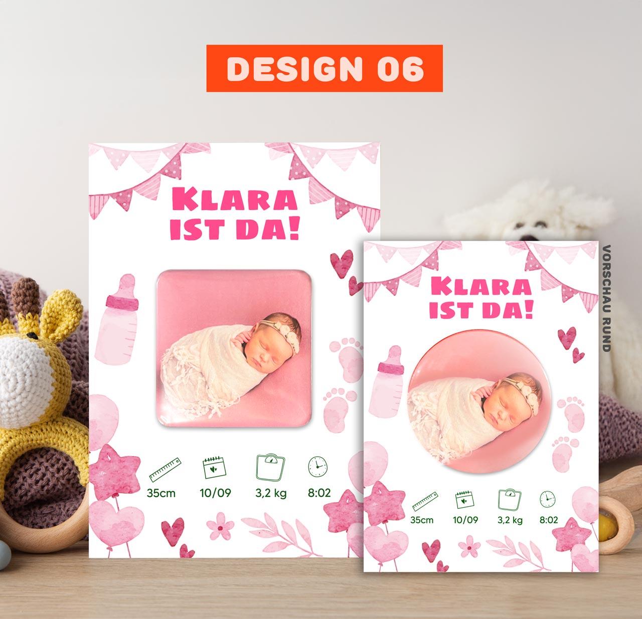 Geburtsanzeige mit Magnet für Mädchen