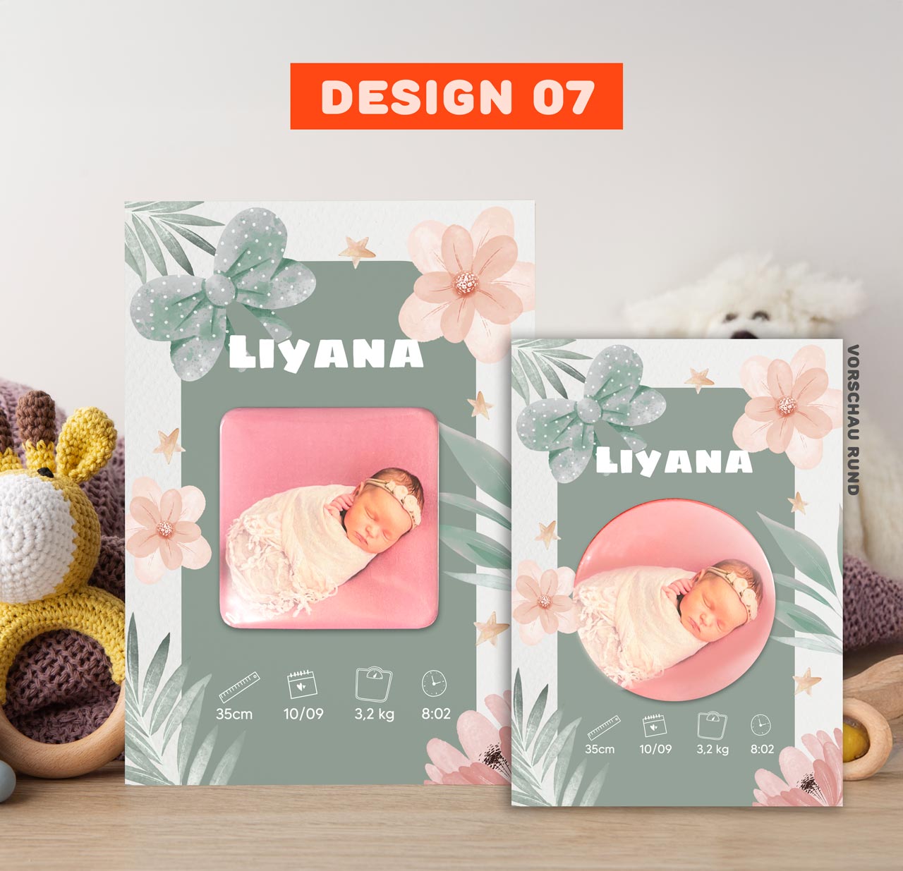 Geburtsanzeige mit Magnet für Mädchen