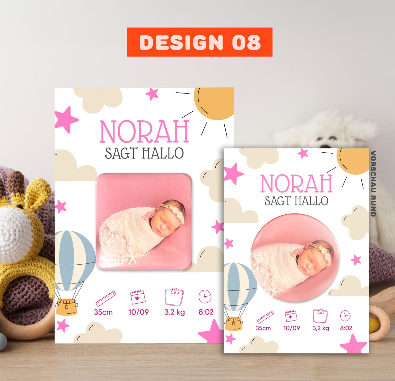 Geburtsanzeige mit Magnet für Mädchen