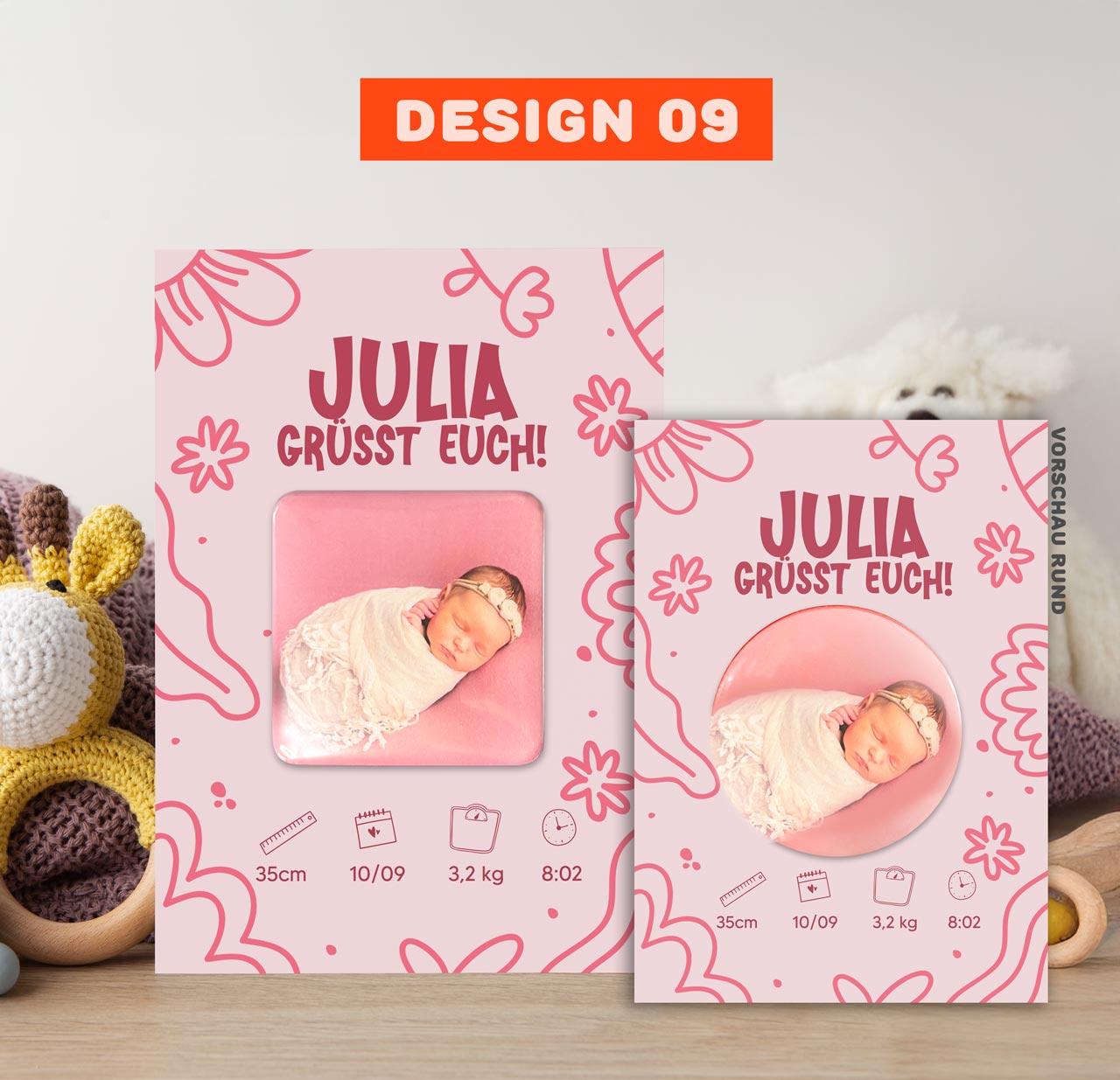 Geburtsanzeige mit Magnet für Mädchen
